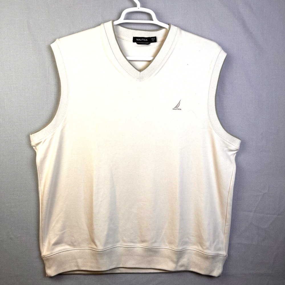 Nautica Vest Men's XL Cream Golf V Neck Cotton Knit Preppy Casual Logo Pullover